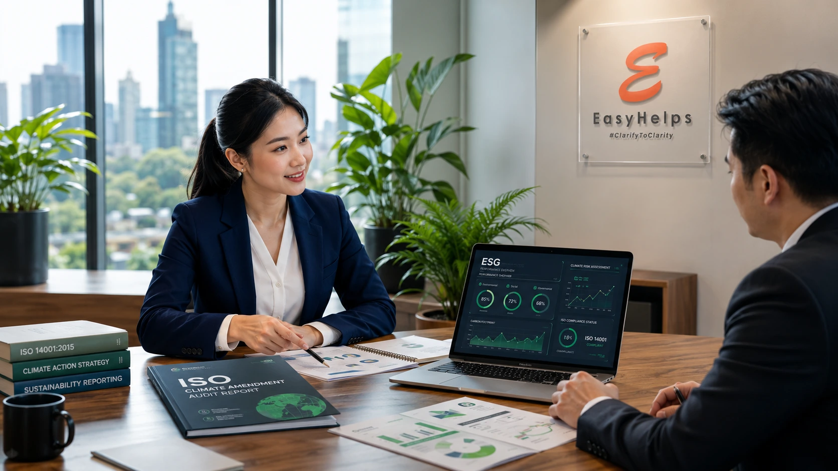 audit-iso-amandemen-iklim-dan-evaluasi-gcg Tim konsultan EasyHelps mendiskusikan evaluasi audit ISO dan integrasi risiko iklim dalam tata kelola perusahaan GCG