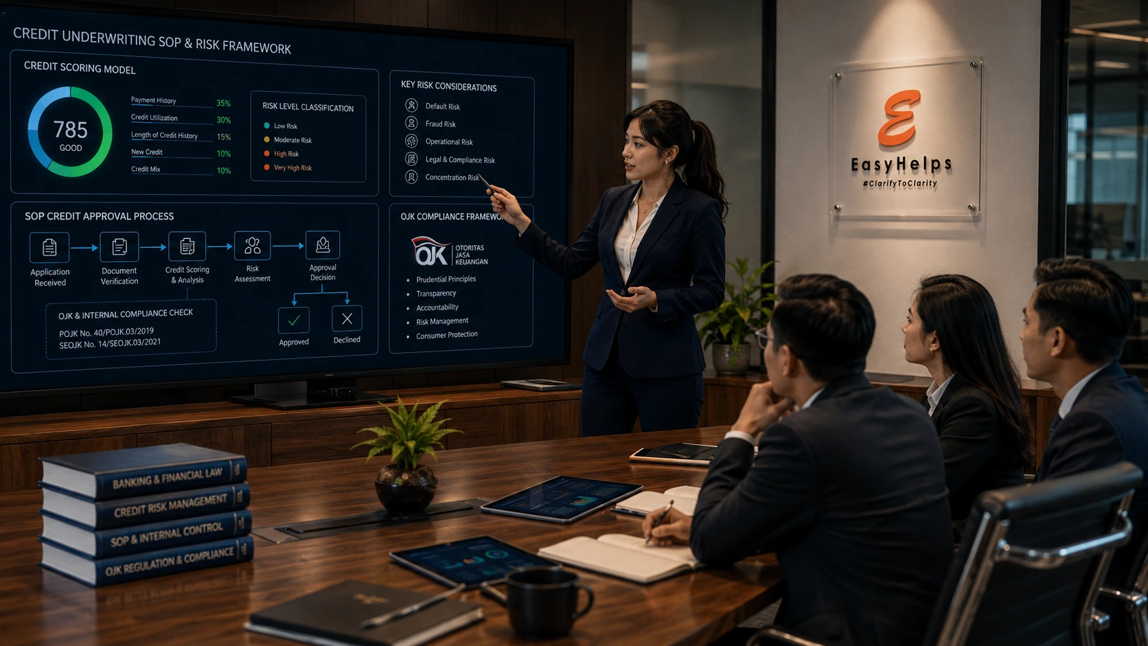 Konsultan EasyHelps memberikan presentasi evaluasi SOP persetujuan finansial dan analisis risiko underwriting untuk mencegah kredit macet